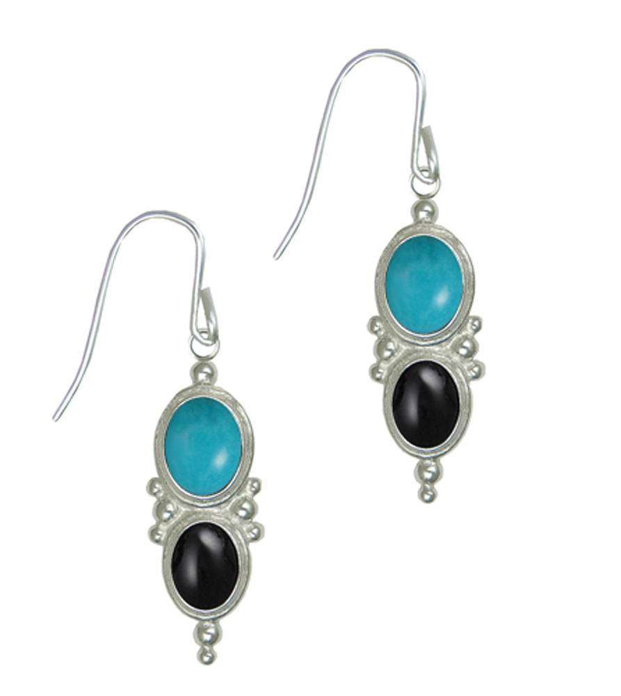 Sterling Silver Drop Dangle Earrings With Turquoise And Black Onyx